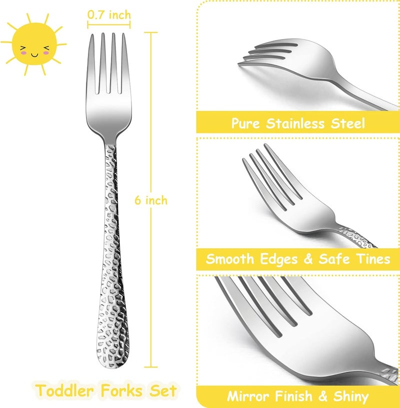 TeamFar Toddler Forks, Stainless Steel Toddler Utensil Silverware Baby Forks for Self Feeding at Home & Preschool, Healthy & Non Toxic, Mirror Polished & Hammered Handle, Dishwasher Safe, Set of 6 - Image 2
